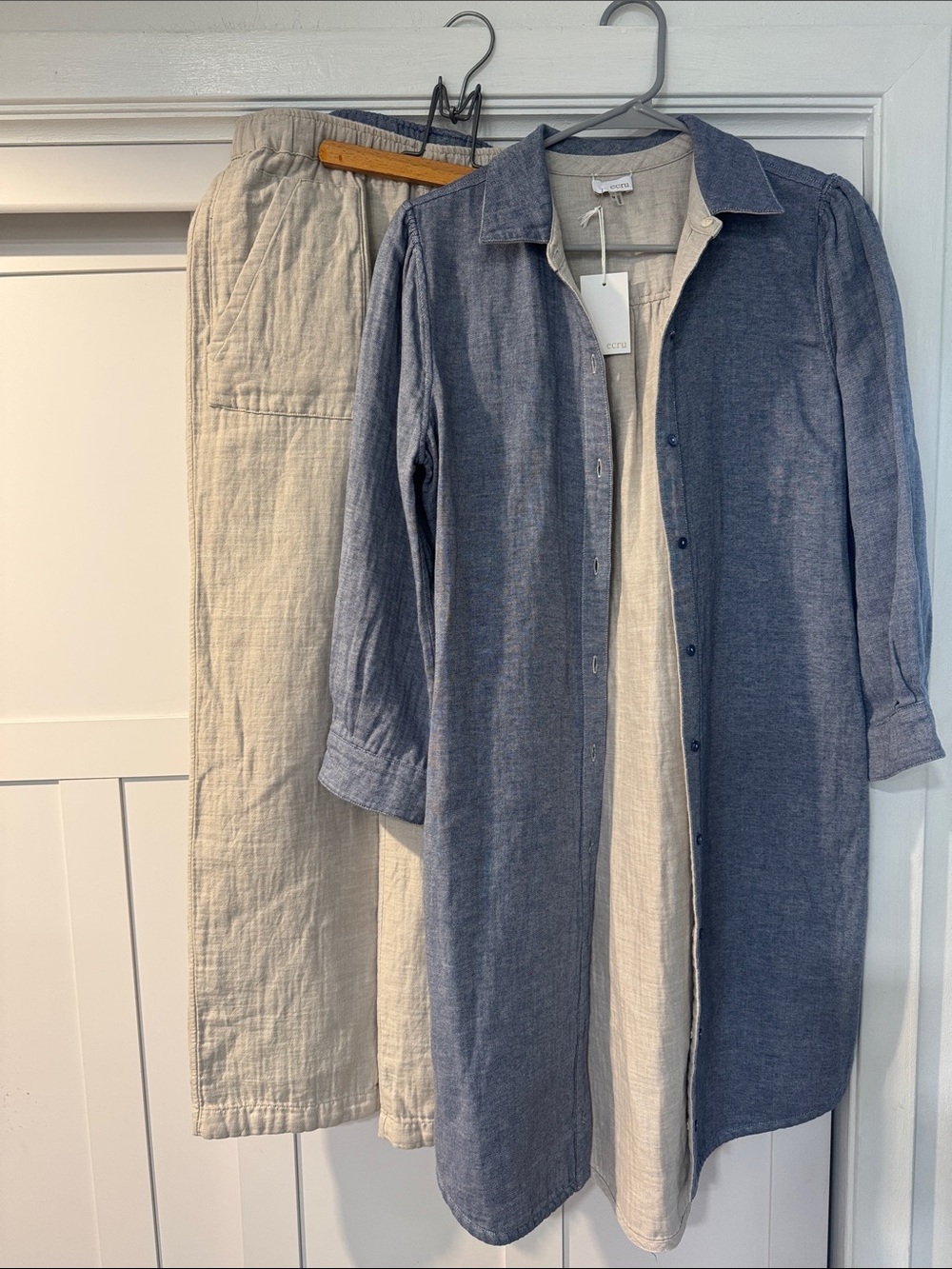 NWT Ecru Blue Button-Front Long Shirt Dress with Cream Linen Pants reversible